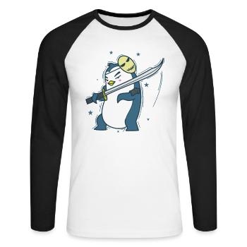Pingouin avec masque et épée Antarctique - T-shirt baseball manches longues Homme - blanc/noir - Devant - Nik (191cm)