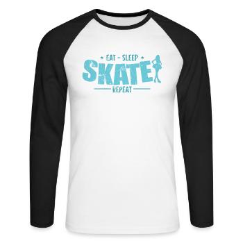 Eat Sleep Skate Repeat Schlittschuhlaufen - Unisex Baseballshirt langarm - Weiß/Schwarz - Vorne - Nik (191cm)