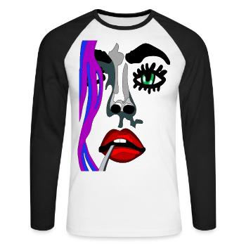 Auge auf mit roten Lippen - fhscribble Gesicht - Unisex Baseballshirt langarm - Weiß/Schwarz - Vorne - Nik (191cm)