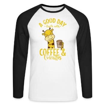 Une bonne journée commence avec du café et des girafes - T-shirt baseball manches longues Homme - blanc/noir - Devant - Nik (191cm)