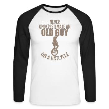 Never underestimate an old Guy on a Unicycle - Unisex Baseballshirt langarm - Weiß/Schwarz - Vorne - Nik (191cm)
