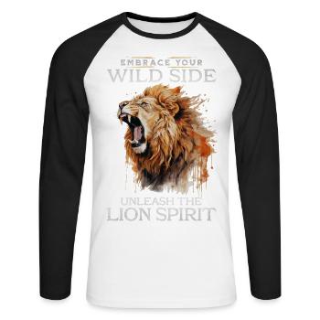 lion, tête de lion, fort, sauvage, fierté, courageux, royal, - T-shirt baseball manches longues Homme - blanc/noir - Devant - Nik (191cm)
