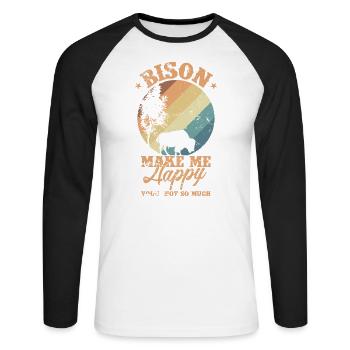Bison make my Happy Umwelt Tier - Unisex Baseballshirt langarm - Weiß/Schwarz - Vorne - Nik (191cm)