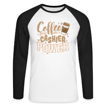 Le café me donne le pouvoir de la caissière Vendeur - T-shirt baseball manches longues Homme - blanc/noir - Devant - Nik (191cm)