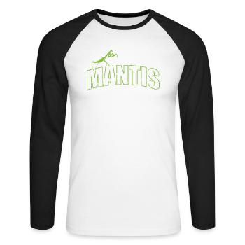 Mantis Insekt auf der Schrift - Unisex Baseballshirt langarm - Weiß/Schwarz - Vorne - Nik (191cm)