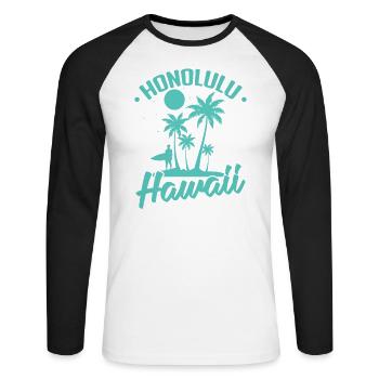 Honolulu Stadt im Bundesstaat Hawaii - Unisex Baseballshirt langarm - Weiß/Schwarz - Vorne - Nik (191cm)