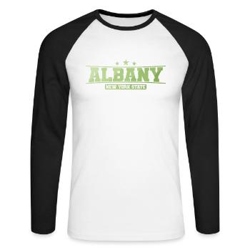 Albany Stadt im Bundesstaat New York - Unisex Baseballshirt langarm - Weiß/Schwarz - Vorne - Nik (191cm)