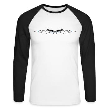 Feder, filigranes Tribal Ornament. - Unisex Baseballshirt langarm - Weiß/Schwarz - Vorne - Nik (191cm)