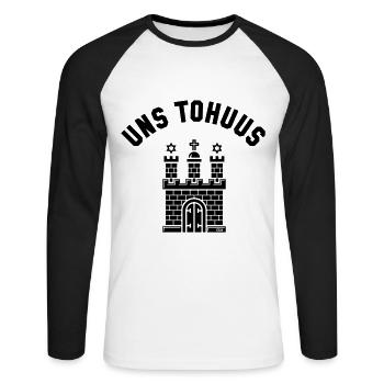 Uns Tohuus – Hamburg Wappen (Plattdeutsch) - Unisex Baseballshirt langarm - Weiß/Schwarz - Vorne - Nik (191cm)