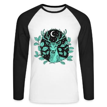 Hirsch im Wald mit Mond und Sternen by Nikki-Luka - Unisex Baseballshirt langarm - Weiß/Schwarz - Vorne - Nik (191cm)