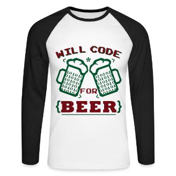 Will Code For Beer - Unisex Long Sleeve Baseball T-Shirt - white/black - Front - Nik (191cm)