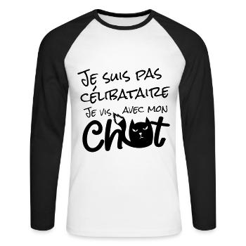 Je suis pas célibataire, je vis avec mon chat ! - T-shirt baseball manches longues Homme - blanc/noir - Devant - Nik (191cm)