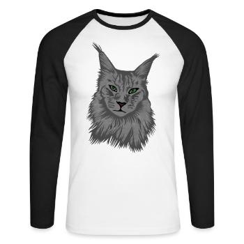 Maine Coon Katze - Unisex Baseballshirt langarm - Weiß/Schwarz - Vorne - Nik (191cm)