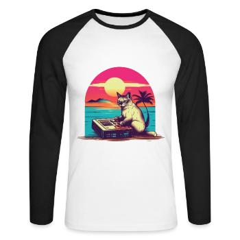 Cat Synthesizer Katze Retro Vintage Studio Gear - Unisex Baseballshirt langarm - Weiß/Schwarz - Vorne - Nik (191cm)