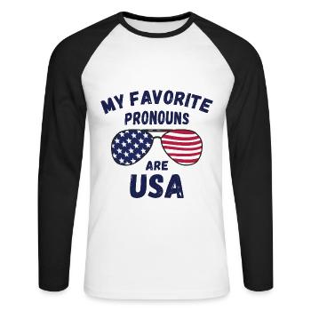 My favorite pronouns are USA - Unisex Long Sleeve Baseball T-Shirt - white/black - Front - Nik (191cm)