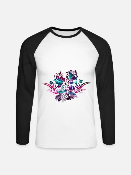 Hibiskus Blüten Tribal - Unisex Baseballshirt langarm - Weiß/Schwarz