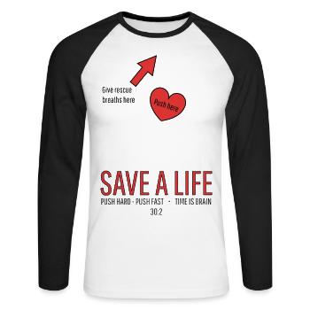 Save a life! CPR - Unisex Long Sleeve Baseball T-Shirt - white/black - Front - Nik (191cm)