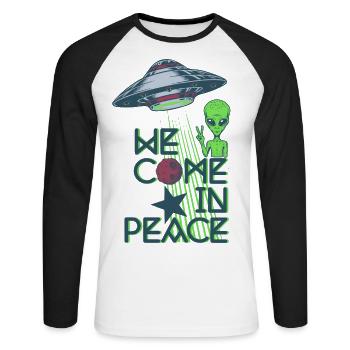 We Come in Peace - Unisex Baseballshirt langarm - Weiß/Schwarz - Vorne - Nik (191cm)