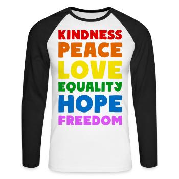 KINDNESS PEACE LOVE EQUALITY HOPE FREEDOM - Unisex Baseballshirt langarm - Weiß/Schwarz - Vorne - Nik (191cm)
