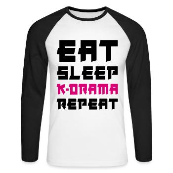 Manger dormir K-Drama Répéter - T-shirt baseball manches longues Homme - blanc/noir - Devant - Nik (191cm)