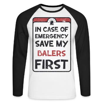 In case of emergency save my balers first. - Unisex Long Sleeve Baseball T-Shirt - white/black - Front - Nik (191cm)