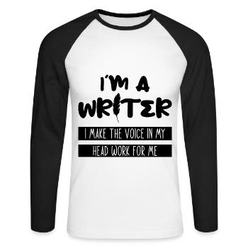 I'm A Writer, I Make The Voices In My Head Work 3 - Unisex Baseballshirt langarm - Weiß/Schwarz - Vorne - Nik (191cm)