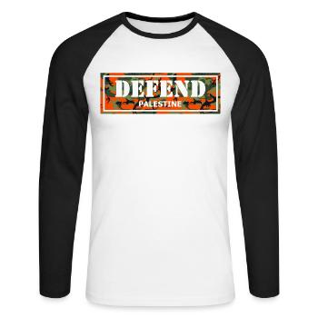 "DEFEND PALESTINE" Camouflage T-Shirt - Unisex Baseballshirt langarm - Weiß/Schwarz - Vorne - Nik (191cm)