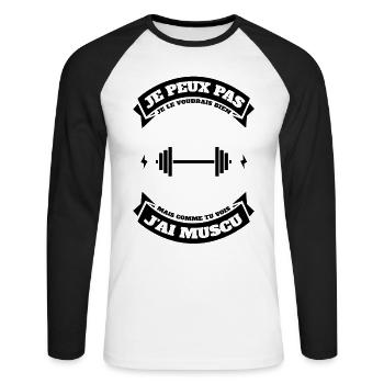 JE PEUX PAS J'AI MUSCU - T-shirt baseball manches longues Homme - blanc/noir - Devant - Nik (191cm)