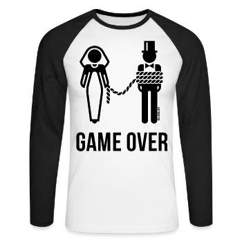 Game Over En laisse ! (mariage du marié JGA) - T-shirt baseball manches longues Homme - blanc/noir - Devant - Nik (191cm)