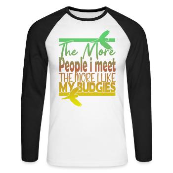 Plus je rencontre de gens, plus j’aime mes perruches - T-shirt baseball manches longues Homme - blanc/noir - Devant - Nik (191cm)