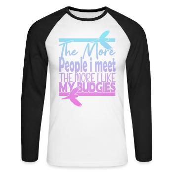 Plus je rencontre de gens, plus j’aime mes perruches - T-shirt baseball manches longues Homme - blanc/noir - Devant - Nik (191cm)