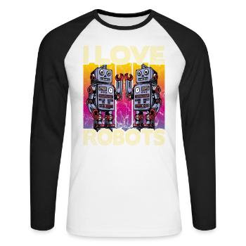 I love Robots - Unisex Long Sleeve Baseball T-Shirt - white/black - Front - Nik (191cm)