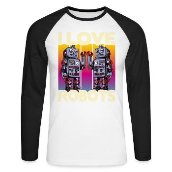 I love Robots - Unisex Long Sleeve Baseball T-Shirt - white/black - Front - Nik (191cm)