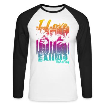 Ich liebe Exuma Bahamas - Unisex Baseballshirt langarm - Weiß/Schwarz - Vorne - Nik (191cm)