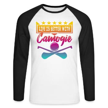 Life is better with Camogie - Unisex Baseballshirt langarm - Weiß/Schwarz - Vorne - Nik (191cm)