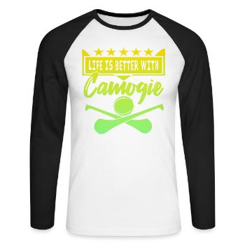 Life is better with Camogie - Unisex Baseballshirt langarm - Weiß/Schwarz - Vorne - Nik (191cm)