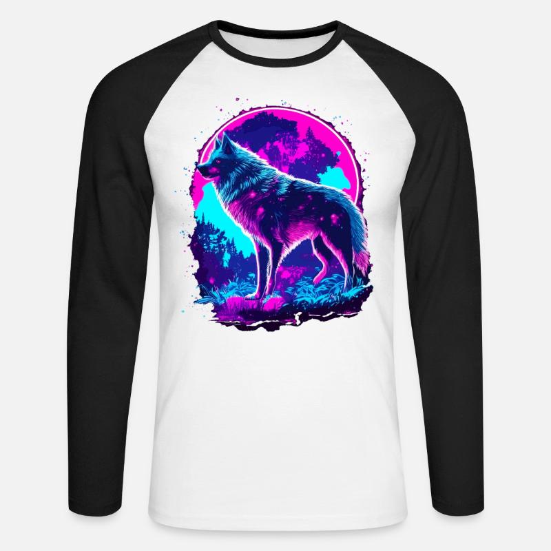 Wolfs Kunst Psychedelic Neon Synthwave - Unisex Baseballshirt langarm - Weiß/Schwarz