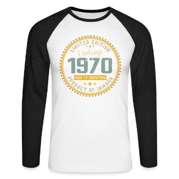 Vintage 1970er 1970er Jahre Geburtstagsgeschenk - Unisex Baseballshirt langarm - Weiß/Schwarz - Vorne - Nik (191cm)