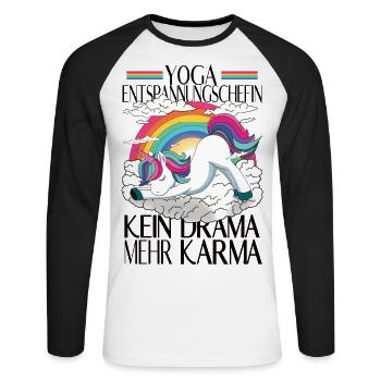 Yogicorn Unicorn im Yoga Flow - Einhorn Meditation - Unisex Baseballshirt langarm - Weiß/Schwarz - Vorne - Nik (191cm)