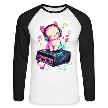 Cute cat with headphones listening to music - Unisex Long Sleeve Baseball T-Shirt - white/black - Front - Nik (191cm)