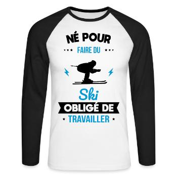 Né pour faire du ski - Obligé de travailler - T-shirt baseball manches longues Homme - blanc/noir - Devant - Nik (191cm)