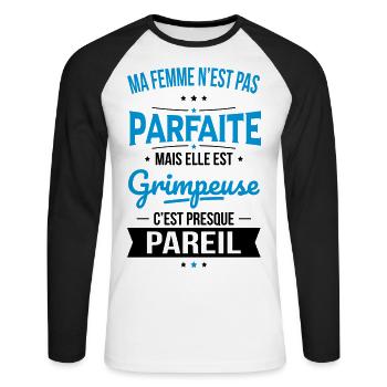 Ma femme pas parfaite mais elle est grimpeuse - T-shirt baseball manches longues Homme - blanc/noir - Devant - Nik (191cm)