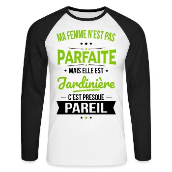 Ma femme pas parfaite mais elle est jardinière - T-shirt baseball manches longues Homme - blanc/noir - Devant - Nik (191cm)