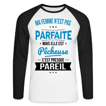 Ma femme n'est pas parfaite mais elle est pêcheuse - T-shirt baseball manches longues Homme - blanc/noir - Devant - Nik (191cm)