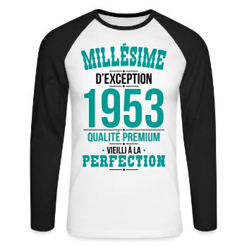 Anniversaire 70 ans - Millésime d'Exception 1953 - T-shirt baseball manches longues Homme - blanc/noir - Devant - Nik (191cm)