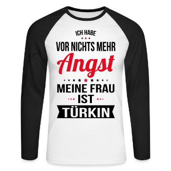 Ma femme est turque - Idée cadeau humour - T-shirt baseball manches longues Homme - blanc/noir - Devant - Nik (191cm)