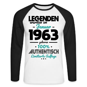 60. Geburtstag - Legenden wurden im Januar 1963 - Unisex Baseballshirt langarm - Weiß/Schwarz - Vorne - Nik (191cm)
