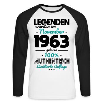 60. Geburtstag - Legenden wurden im November 1963 - Unisex Baseballshirt langarm - Weiß/Schwarz - Vorne - Nik (191cm)