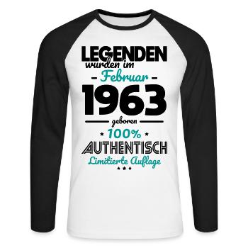 60. Geburtstag - Legenden wurden im Februar 1963 - Unisex Baseballshirt langarm - Weiß/Schwarz - Vorne - Nik (191cm)
