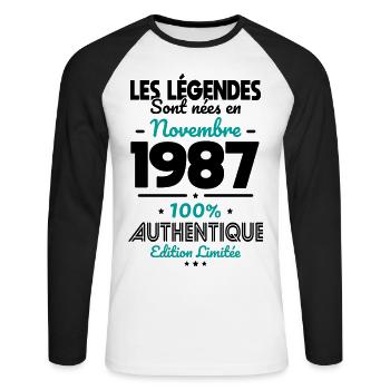 Anniversaire 35 ans - Légendes nées Novembre 1987 - T-shirt baseball manches longues Homme - blanc/noir - Devant - Nik (191cm)